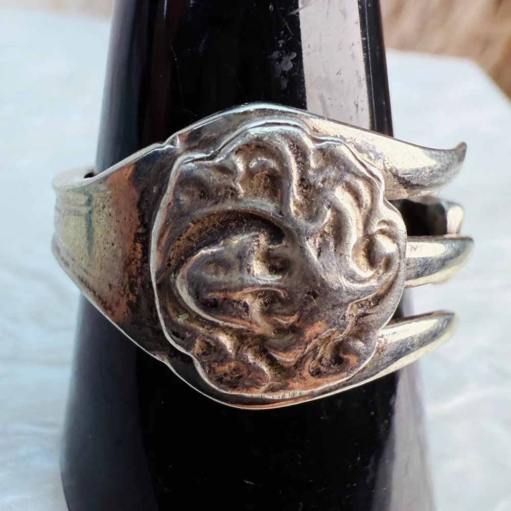 Repurposed Vintage Fork Ring with Ornate Scroll Motif sz 10 1/4 ring